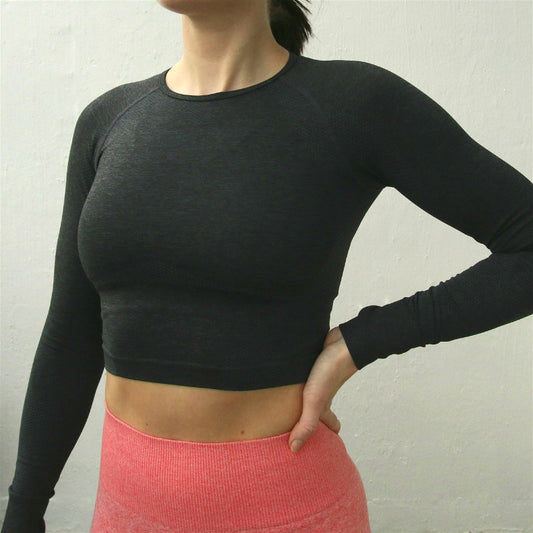 Women Cropped Seamless Workout Top Long Sleeve Thumb Hole Fitted