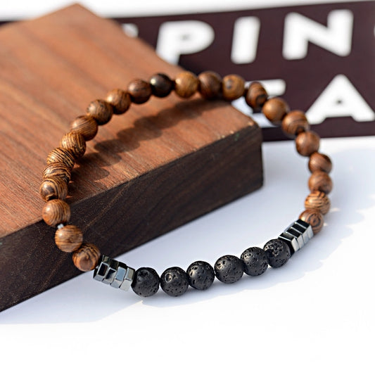 Classic Natural Wood Beads Yoga Bracelet Ethnic Hematite Lava Stone