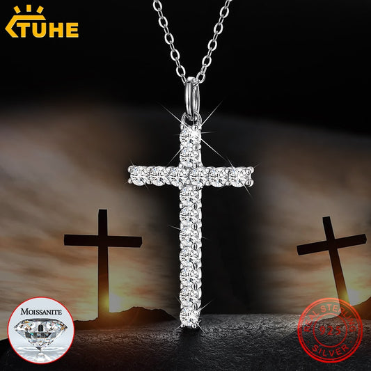 Christian Moissanite Cross Pendant Necklace Sterling Silver